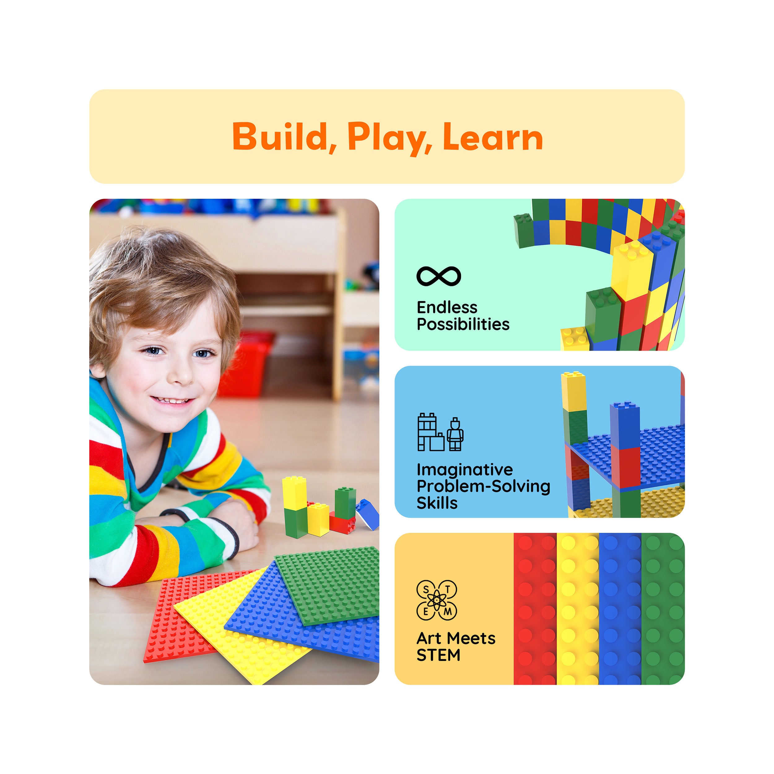 PicassoTiles Stackable 5"x5" Base Plates Playset for Building Bricks