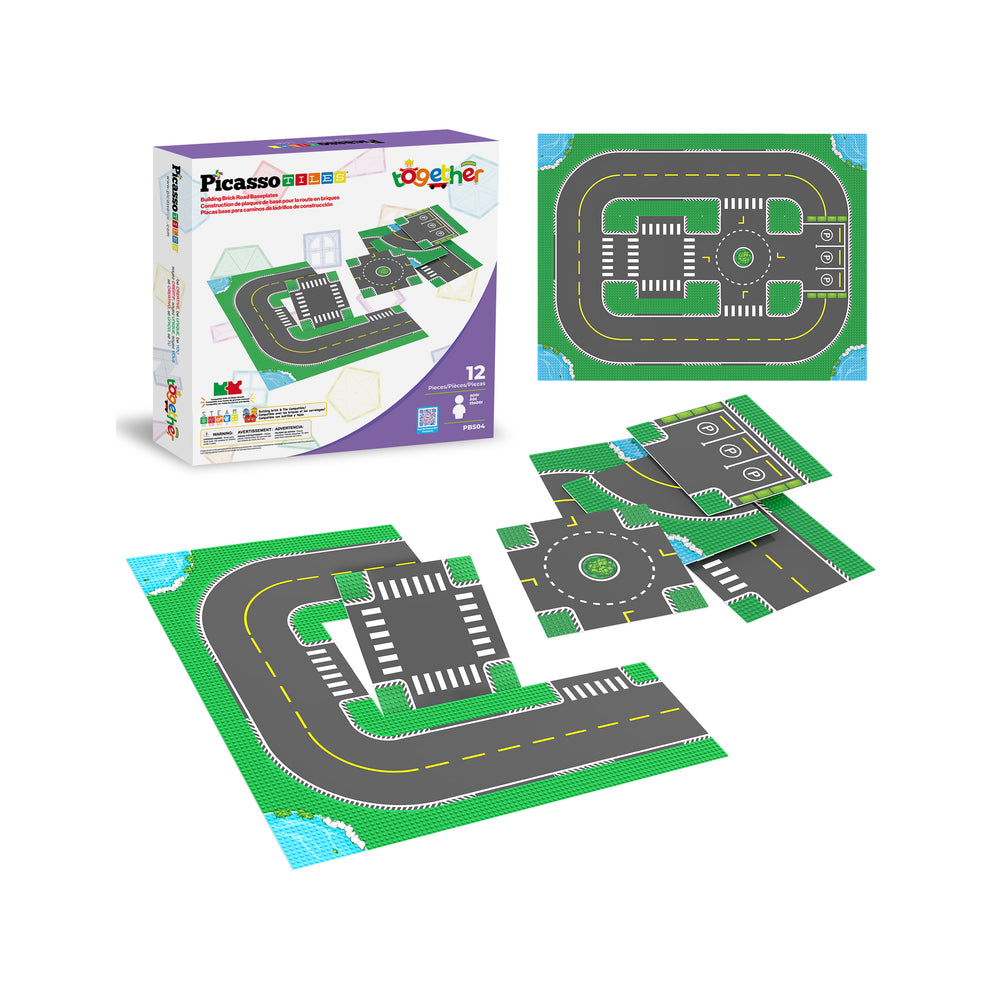 PicassoTiles road track puzzle toy set with modular street tiles, layout overhead view, and product box.
