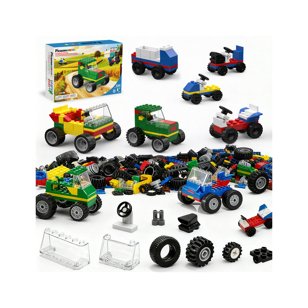 PicassoTiles colorful building block set displaying various toy vehicles, loose bricks, wheels, and the product box.