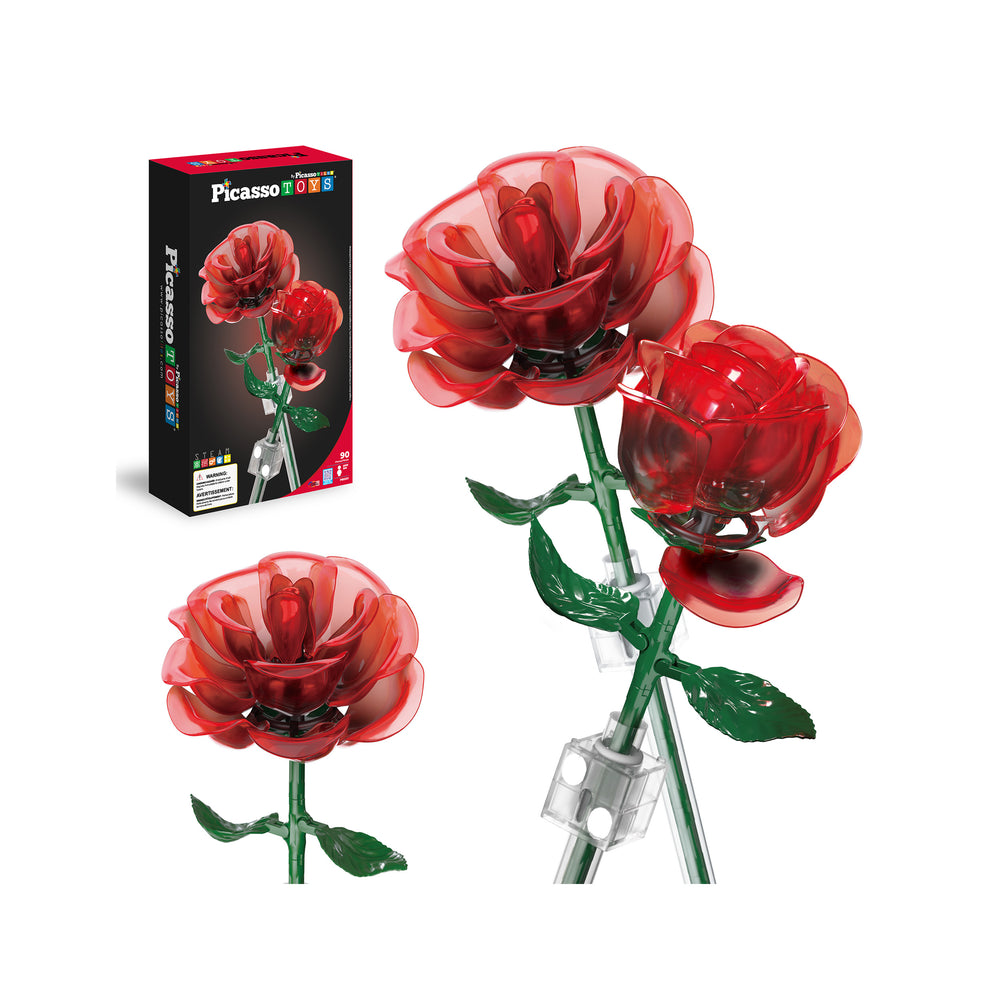 PicassoTiles product set featuring translucent red toy building roses with green stems alongside its packaging box.
