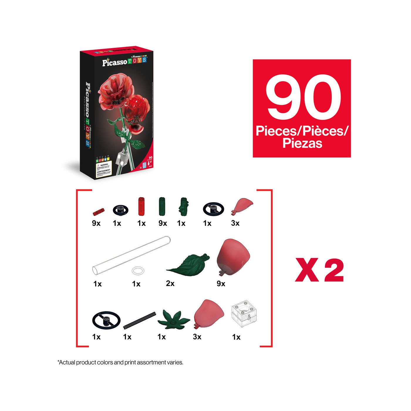 PicassoTiles Red Stem Roses Building Kit 90pc
