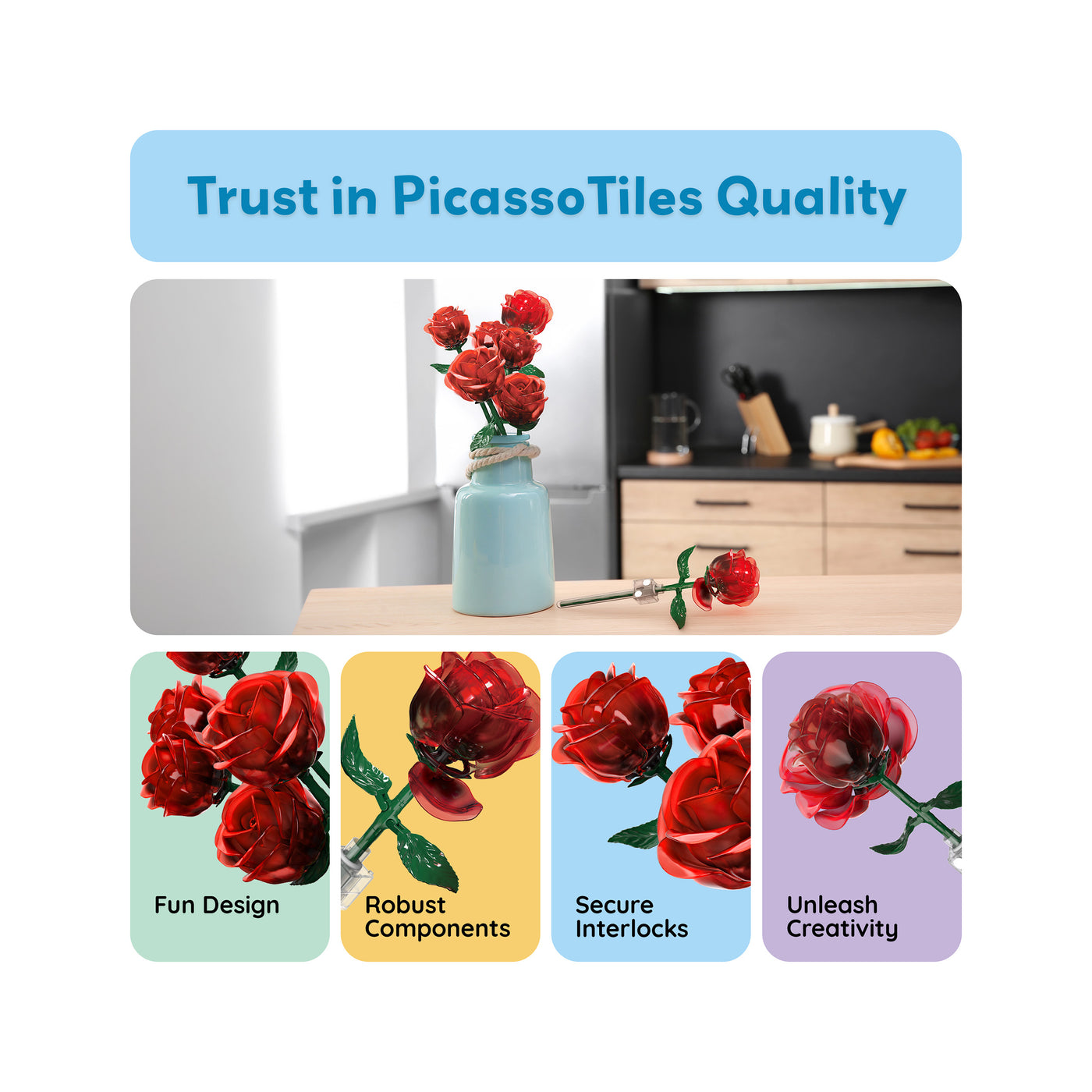 PicassoTiles Red Stem Roses Building Kit 90pc