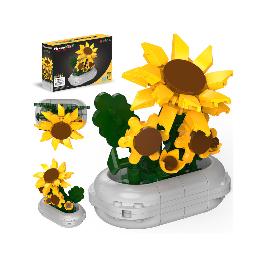 A PicassoTiles sunflower building block set shown assembled in a planter alongside views of the structure and product box.
