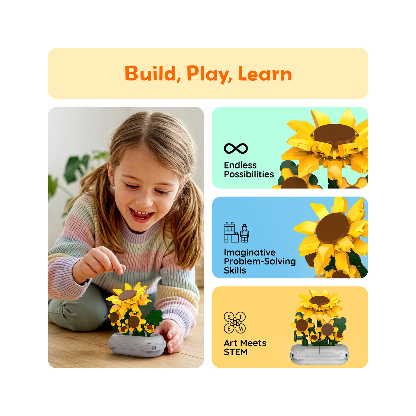 PicassoTiles 130pc STEM Sunflower Building Set with Vase