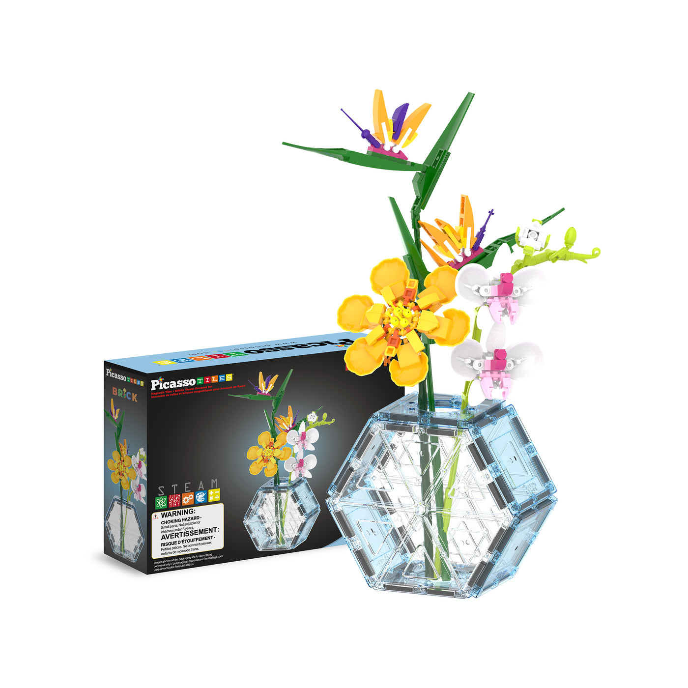 PicassoTiles botanical flower bouquet building brick set in a clear magnetic tile vase next to packaging box.