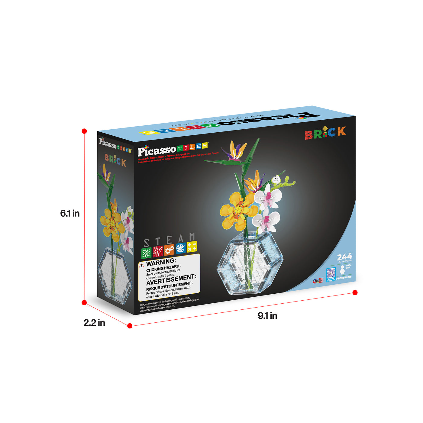 PicassoTiles 244-piece botanical flower bouquet building brick set box with dimensions (6.1 in x 9.1 in x 2.2 in).
