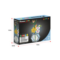 PicassoTiles 244-piece botanical flower bouquet building brick set box with dimensions (6.1 in x 9.1 in x 2.2 in).