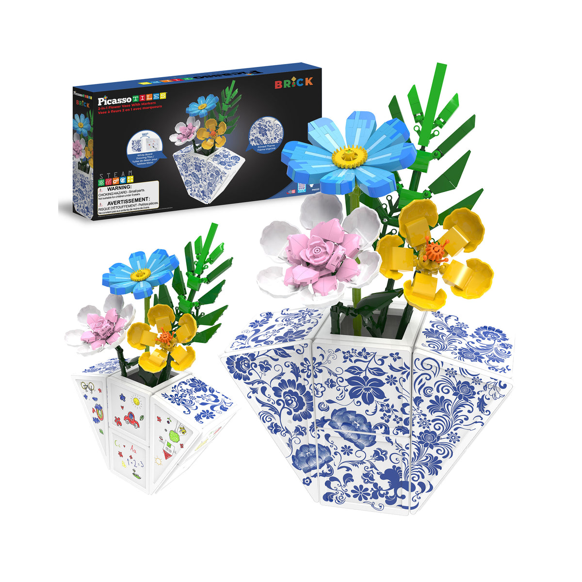 PicassoTiles Brick flower bouquet and decorative patterned vase build alongside product packaging box.   