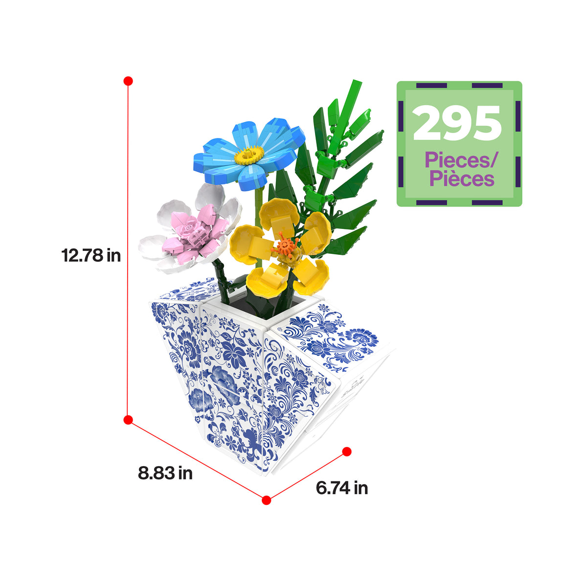 PicassoTiles 295-piece flower bouquet and vase build with dimensions (12.78 in x 8.83 in x 6.74 in).   