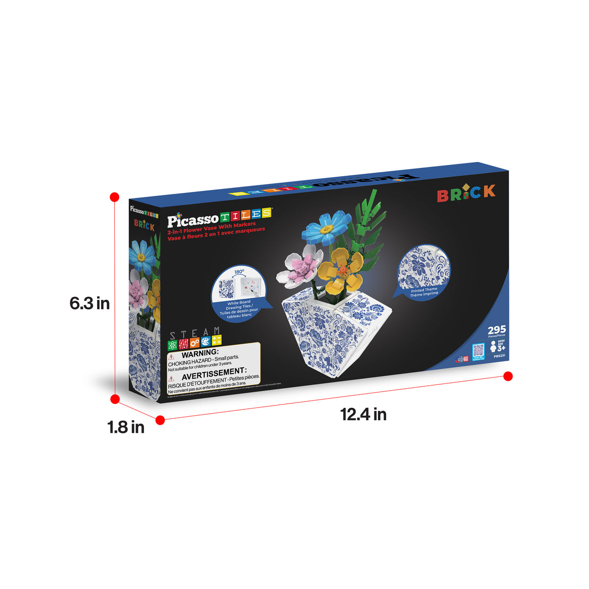 PicassoTiles 295-piece flower bouquet and vase set box with dimensions (12.4 in x 6.3 in x 1.8 in).   