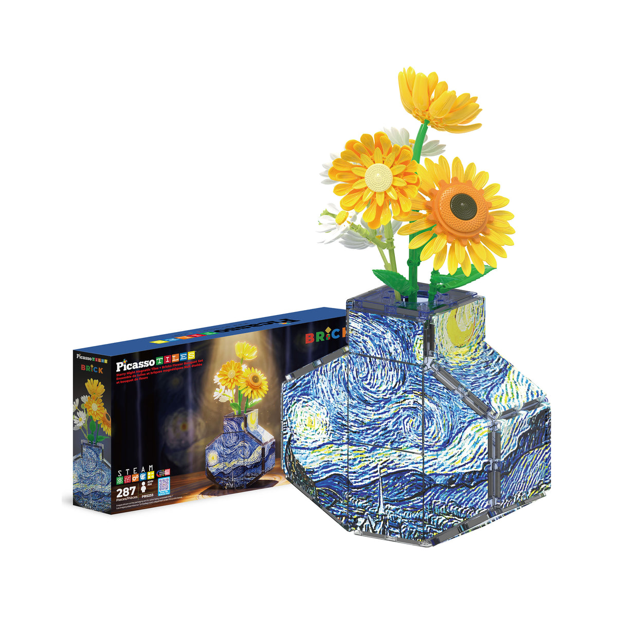 PicassoTiles 287-piece sunflower set featuring brick flowers in a Starry Night magnetic tile vase with box packaging.