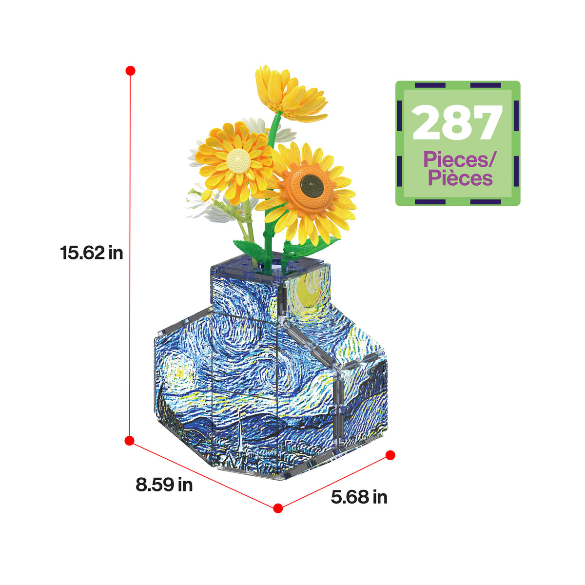 PicassoTiles 287-piece sunflower set in a Starry Night tile vase measuring 8.59 x 5.68 x 15.62 inches.   