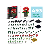 493-piece flower building set showing the box, completed rose arrangement, and a grid of individual brick pieces.