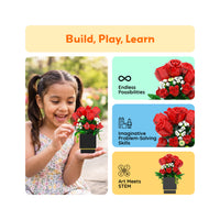 Young girl holding a toy flower bouquet with text panels highlighting build, play, and learn educational features.