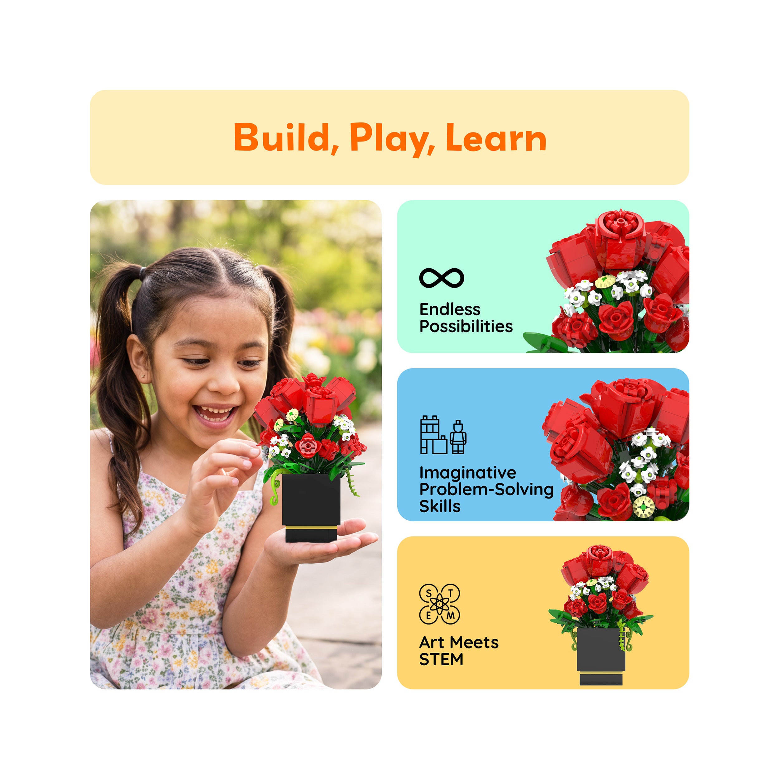 Young girl holding a toy flower bouquet with text panels highlighting build, play, and learn educational features.
