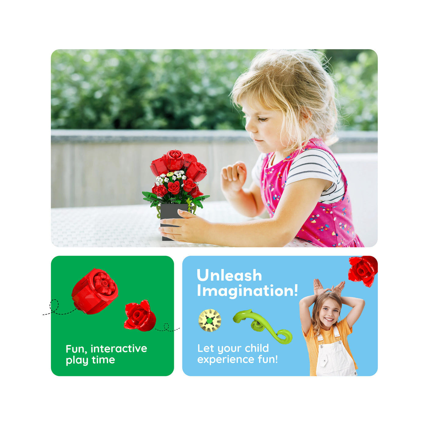 Young girl playing with a building block flower arrangement, with panels highlighting interactive play and imagination.