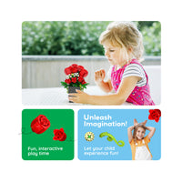 Young girl playing with a building block flower arrangement, with panels highlighting interactive play and imagination.
