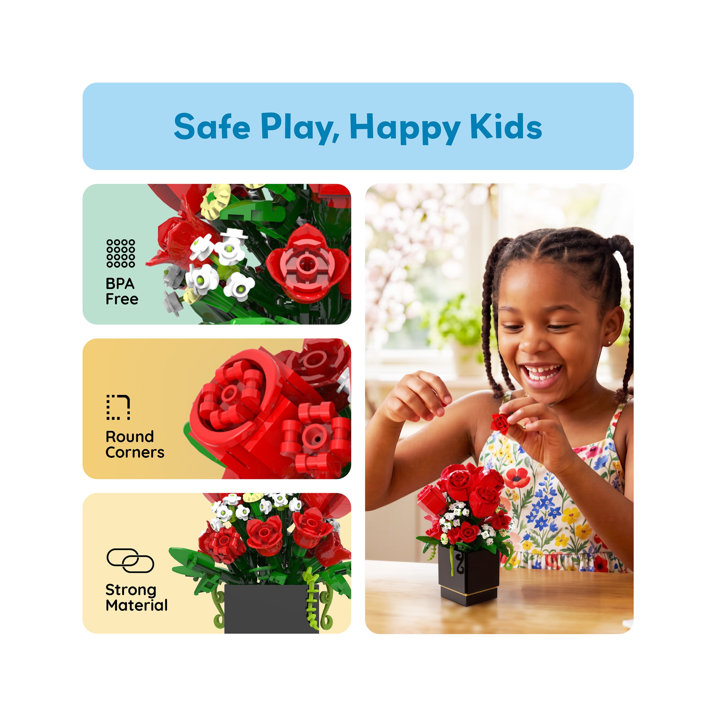 Infographic highlighting safety features of a toy flower set alongside a smiling girl building a rose bouquet.