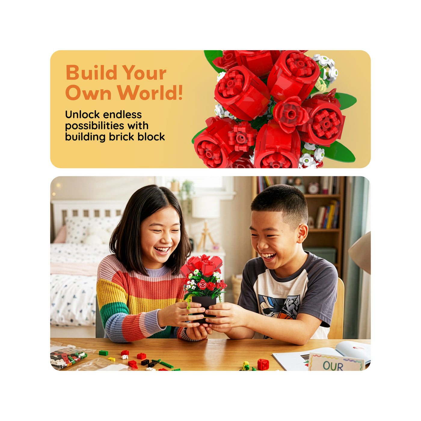 Two smiling kids holding a completed building-brick rose arrangement, beneath text that reads "Build Your Own World!".