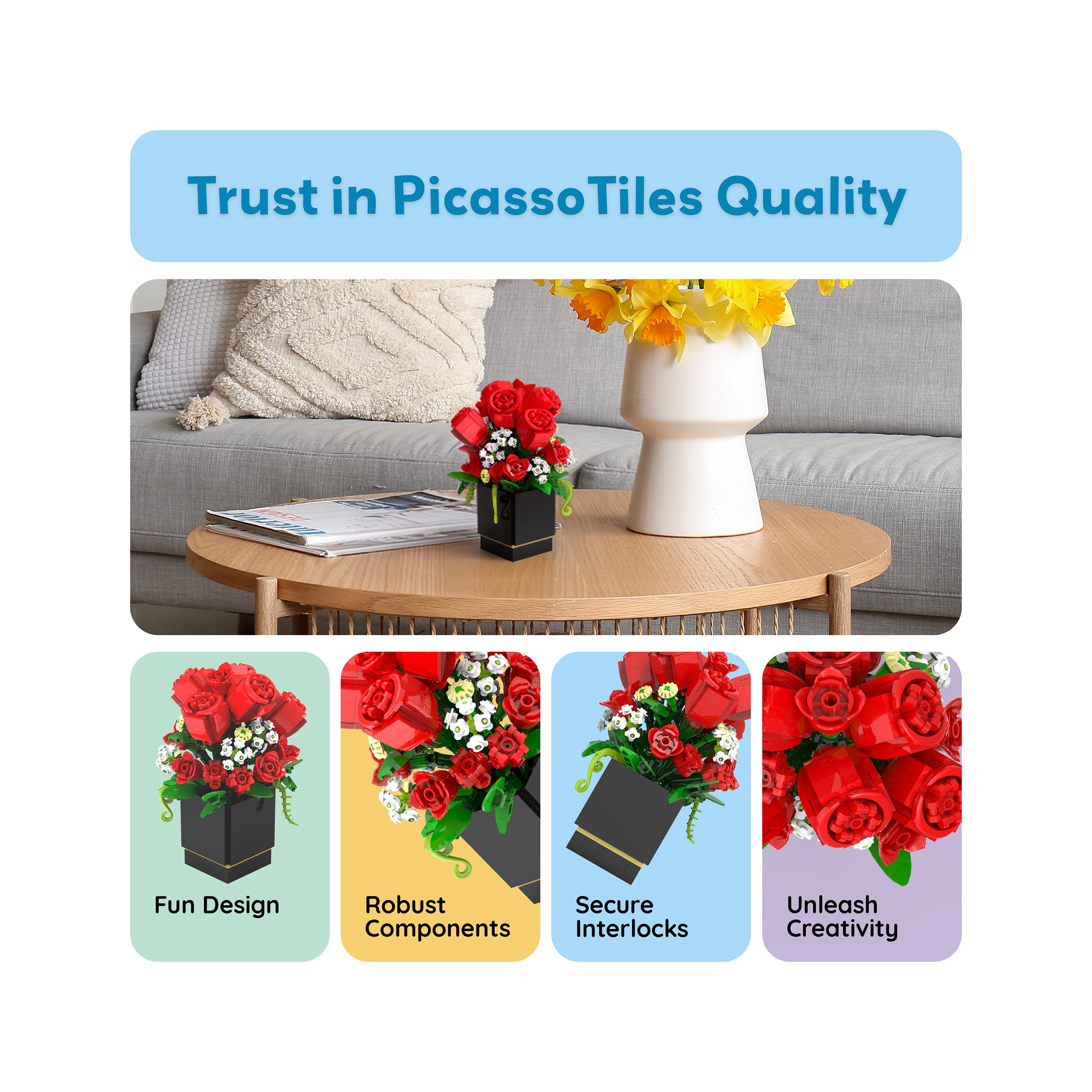Building-block rose bouquet on a coffee table next to quality features labeled "Trust in PicassoTiles Quality".