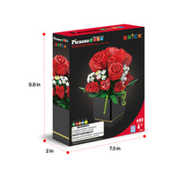 PicassoToys building block rose flower set box with dimensions labeled as 9.8 inches high, 7.5 inches wide, and 2 inches deep.