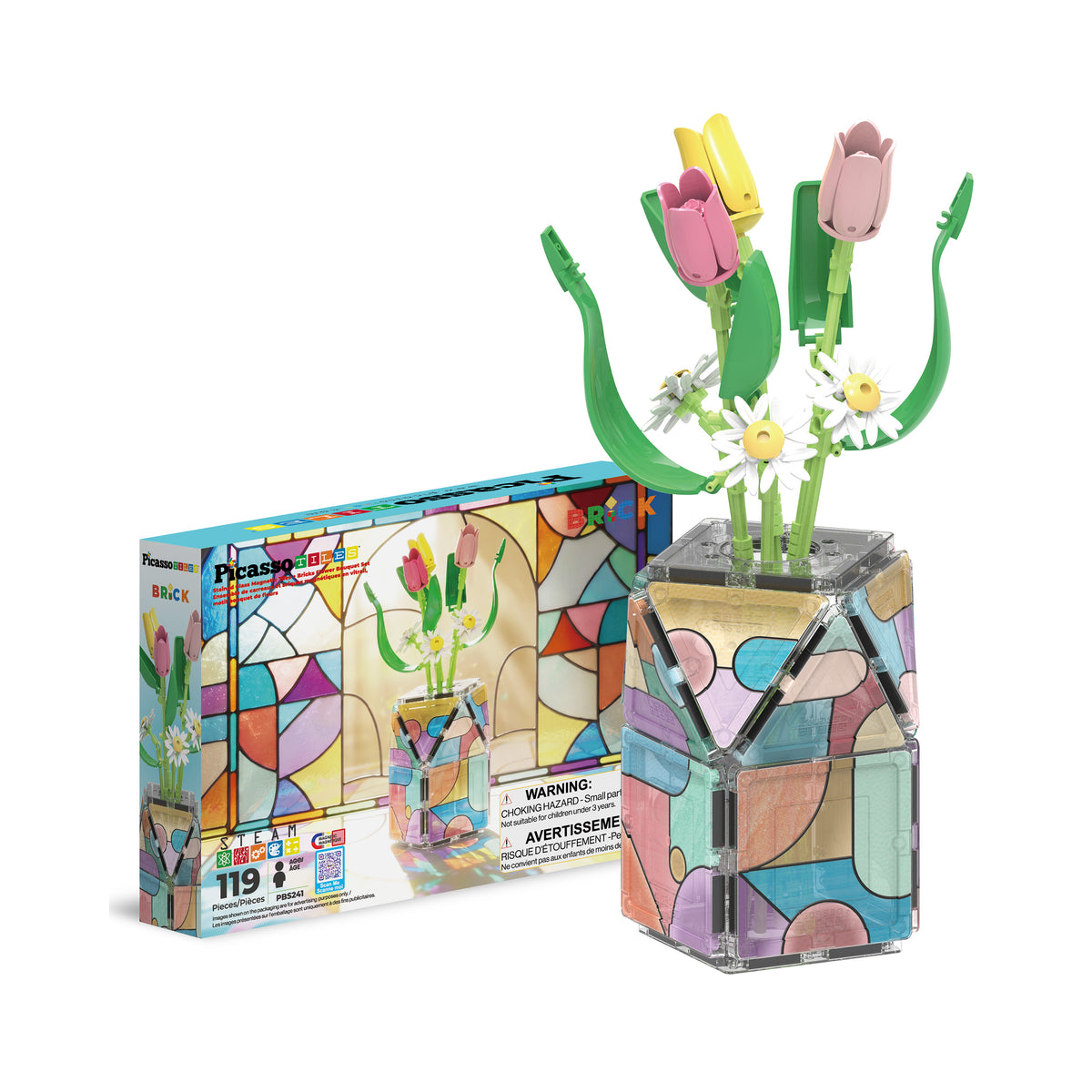 PicassoTiles 119-piece flower bouquet set featuring building brick flowers arranged inside a stained-glass magnetic tile vase.   