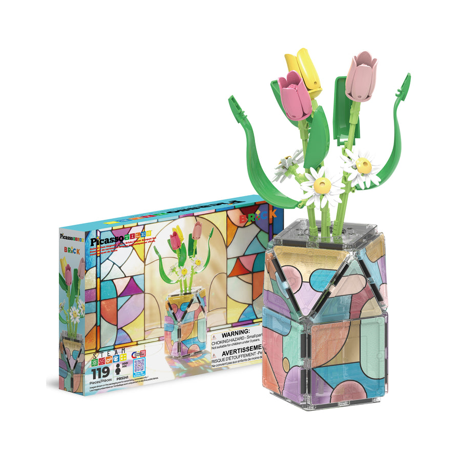 PicassoTiles 119-piece flower bouquet set featuring building brick flowers arranged inside a stained-glass magnetic tile vase.   