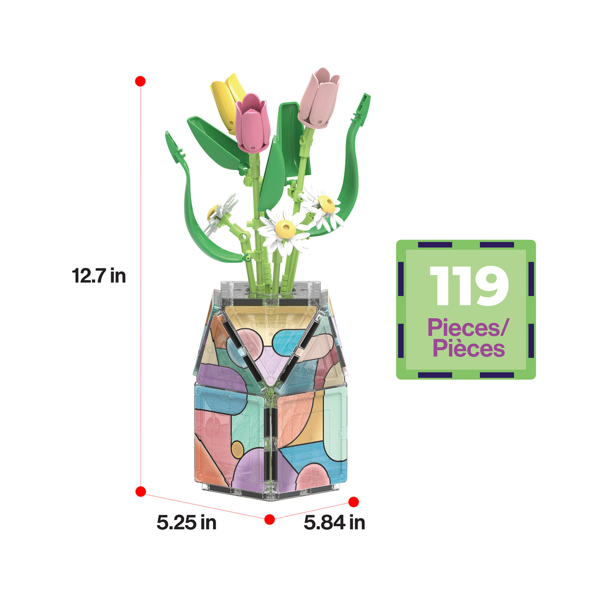 PicassoTiles 119-piece flower bouquet in a stained-glass magnetic vase with dimensions (5.25 in x 5.84 in x 12.7 in).   