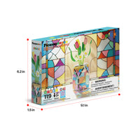 PicassoTiles 119-piece flower bouquet set packaging with dimensions (9.1 in x 6.2 in x 1.5 in).   