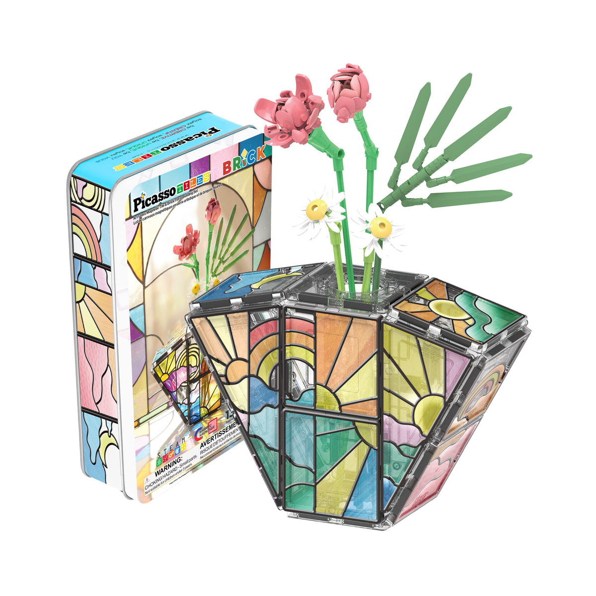PicassoTiles floral set featuring brick flowers in a stained-glass magnetic tile vase with tin box packaging.