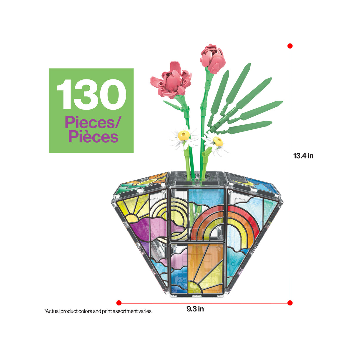 PicassoTiles 130-piece floral set in a stained-glass magnetic tile vase measuring 9.3 x 13.4 inches.   