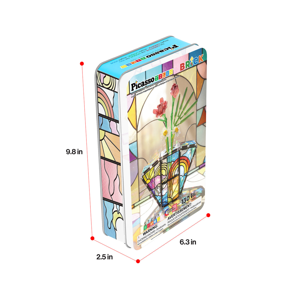 PicassoTiles 130-piece flower set tin box packaging measuring 6.3 x 9.8 x 2.5 inches.   