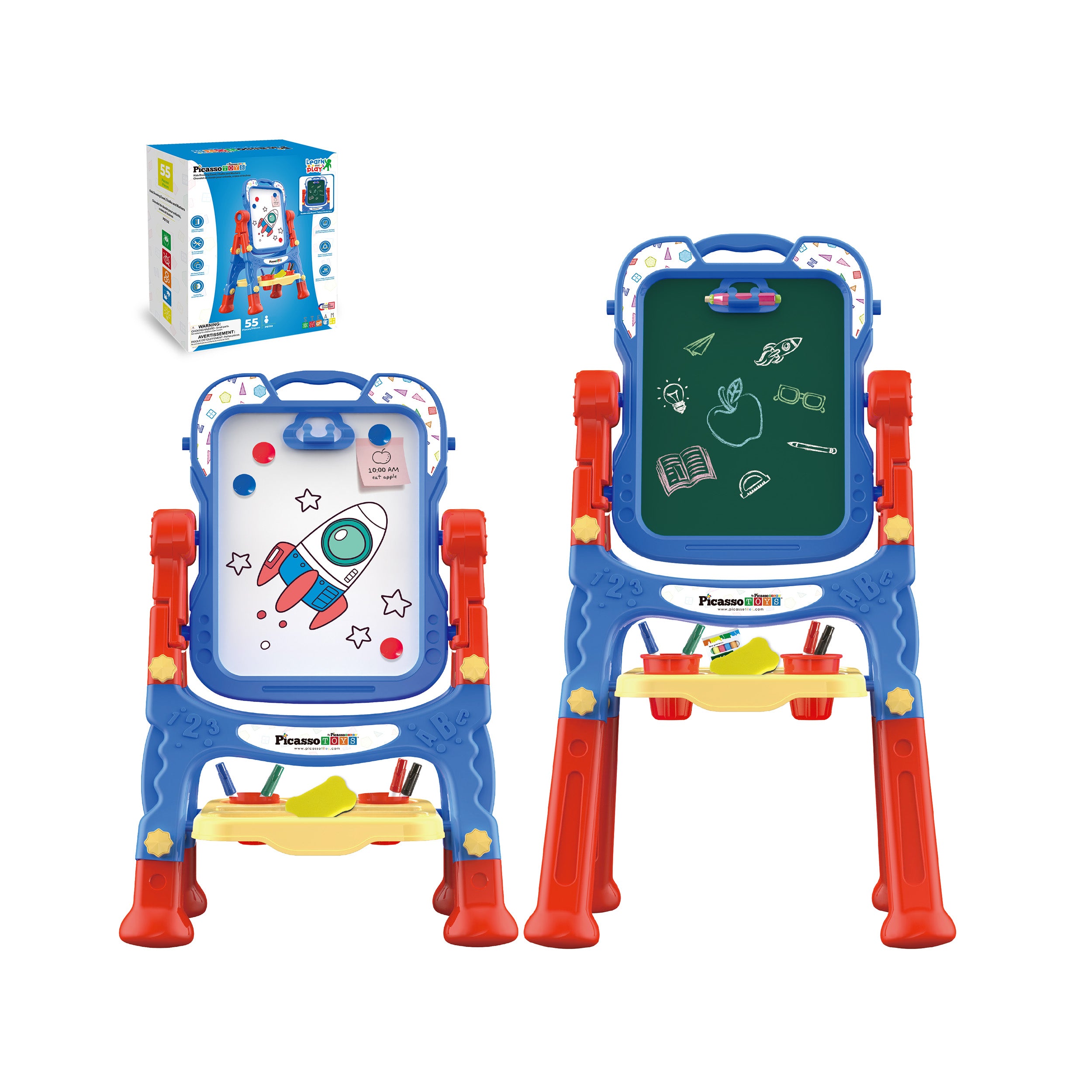 Adjustable 2-in-1 kids whiteboard and chalkboard standing art easel with packaging box isolated on white.