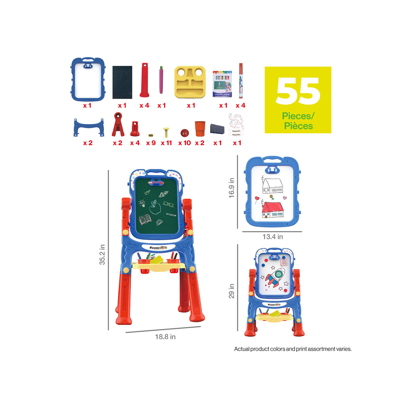 55-piece 2-in-1 kids art easel diagram with parts list and product dimensions isolated on white.