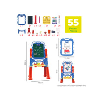 55-piece 2-in-1 kids art easel diagram with parts list and product dimensions isolated on white.