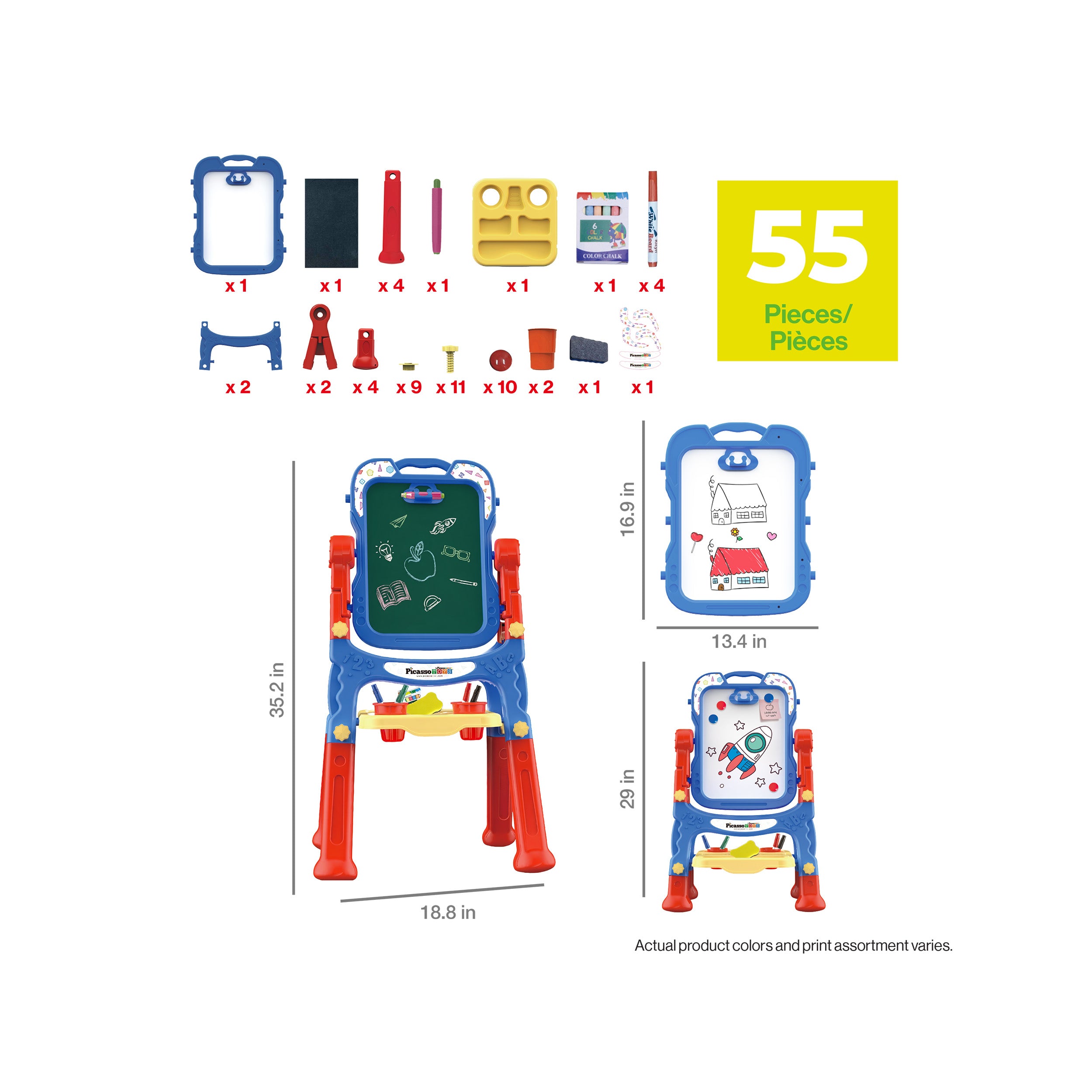 55-piece 2-in-1 kids art easel diagram with parts list and product dimensions isolated on white.
