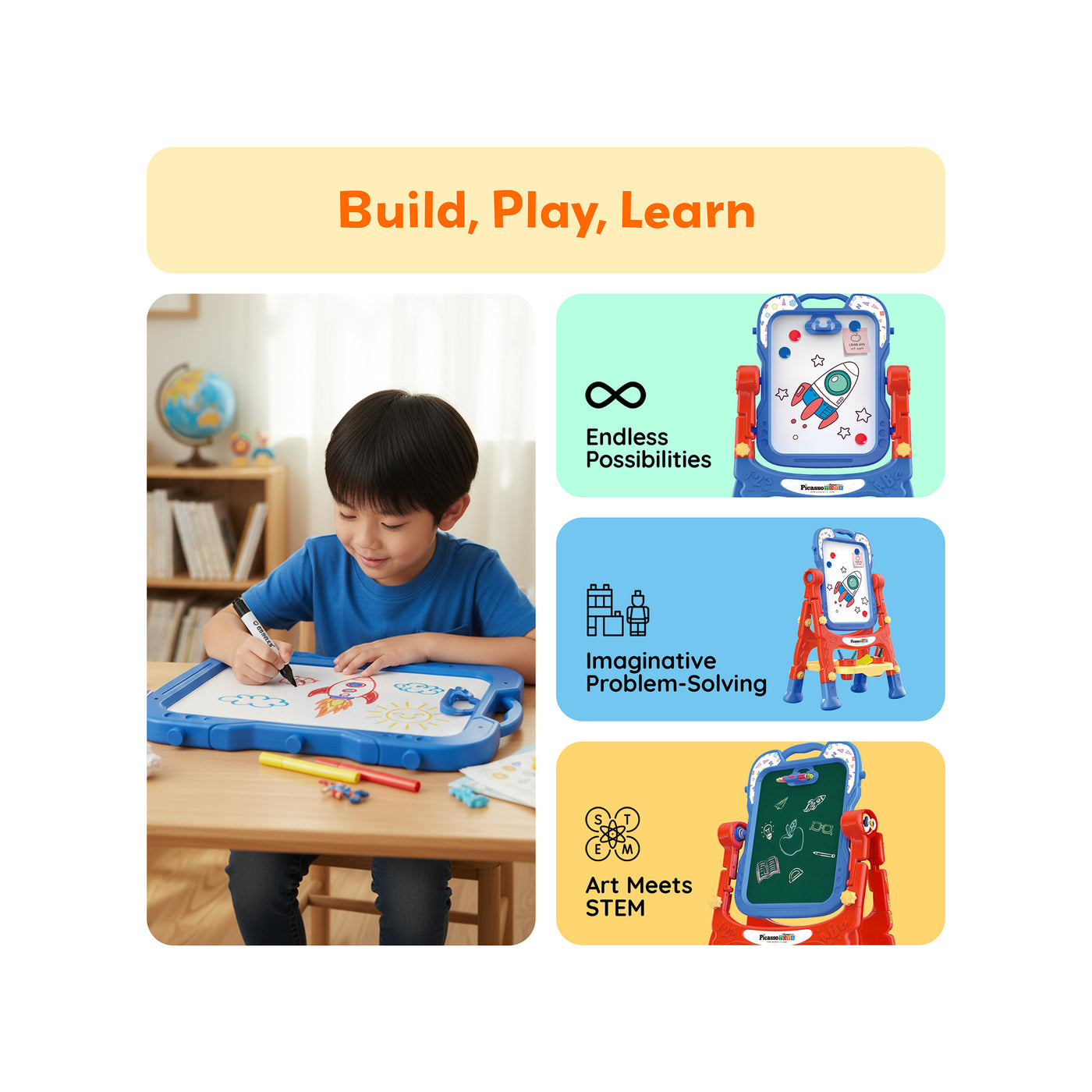 Boy drawing on a portable whiteboard beside three panels highlighting art easel features under "Build, Play, Learn".