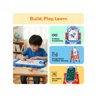 Boy drawing on a portable whiteboard beside three panels highlighting art easel features under "Build, Play, Learn".