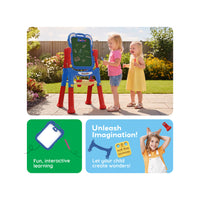 Two toddlers playing with a 2-in-1 standing chalkboard easel outside above feature panels highlighting portable use.