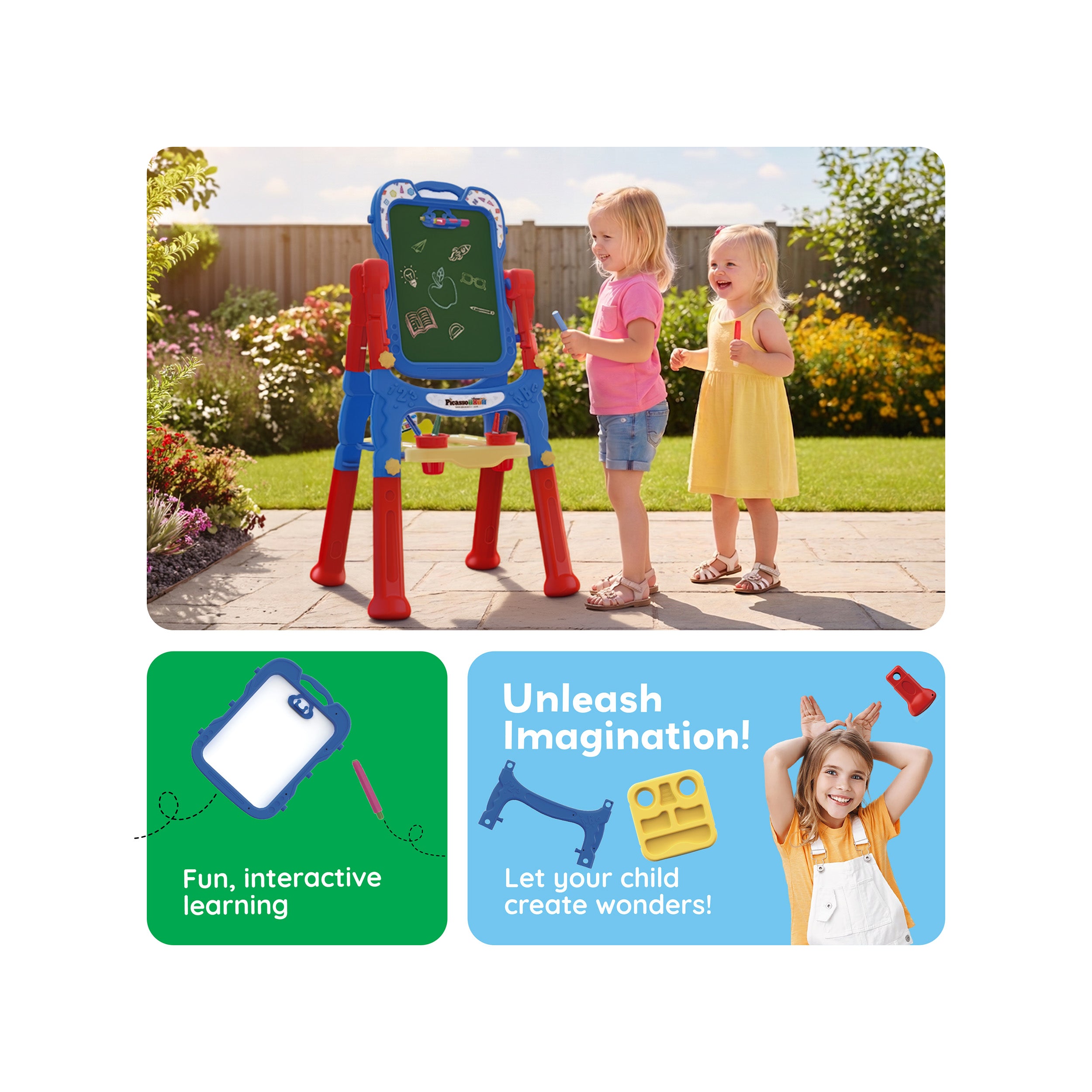 Two toddlers playing with a 2-in-1 standing chalkboard easel outside above feature panels highlighting portable use.