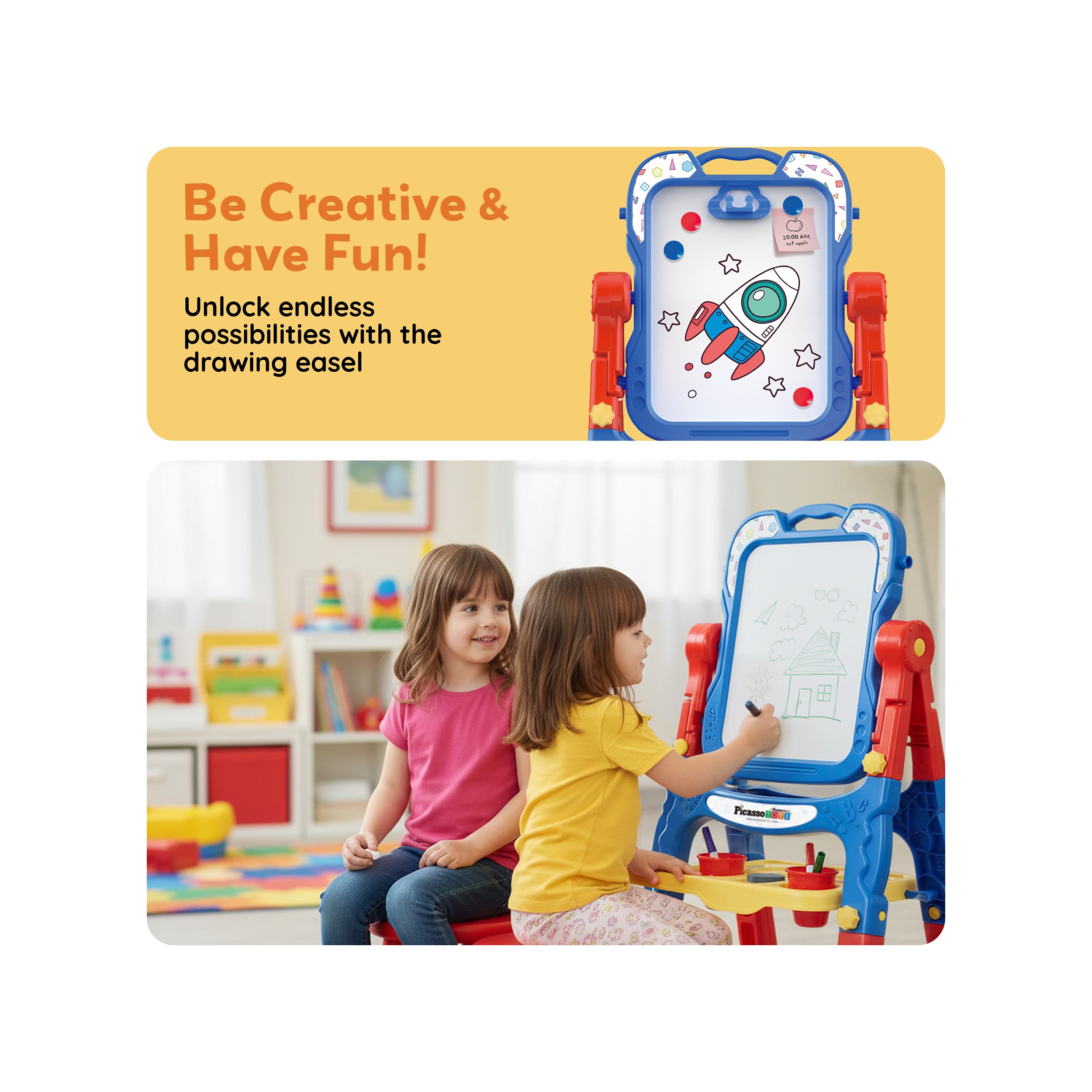 PicassoTiles 55-piece kids art easel packaging box with product dimensions (17.0 in x 13.8 in x 7.0 in) on white.