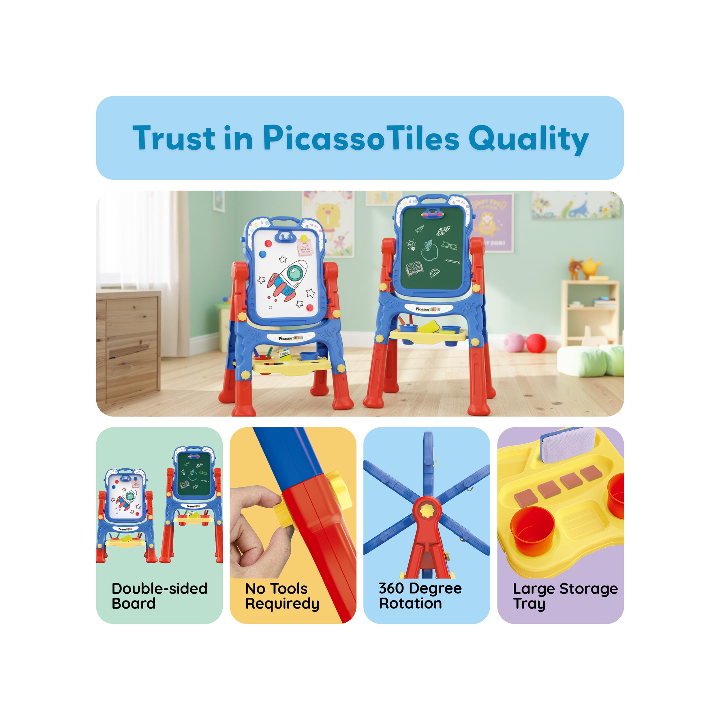 PicassoTiles 2-in-1 Easel Art Drawing Board with Accessories