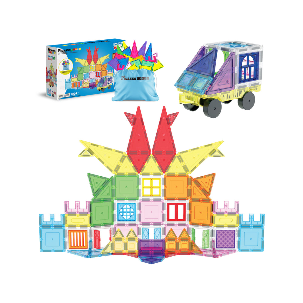 PicassoTiles magnetic tile set with castle build, toy car, storage bag, and product box.