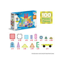 PicassoTiles 100-piece magnetic building tile set box with piece breakdown diagram.