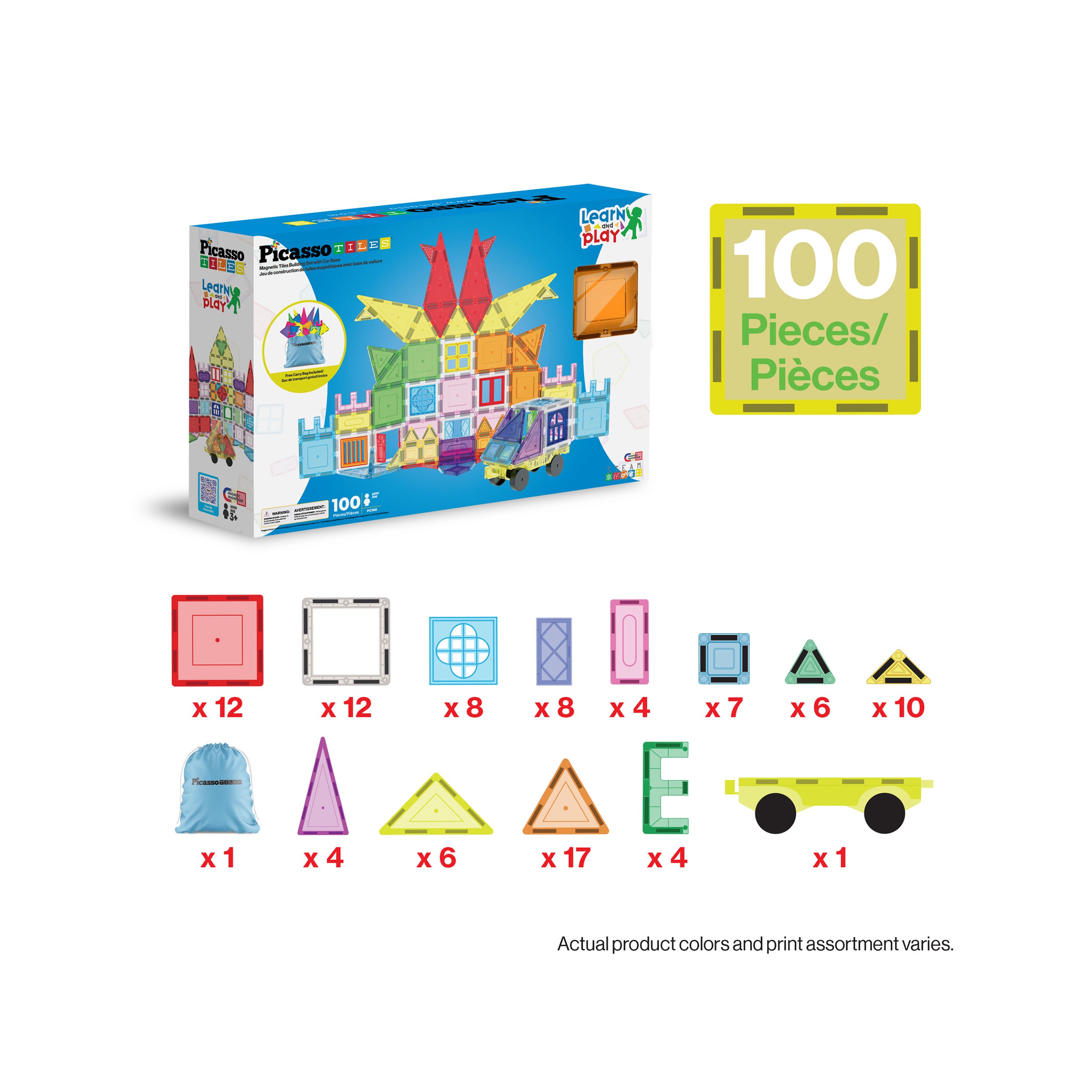 PicassoTiles 100-piece magnetic building tile set box with piece breakdown diagram.
