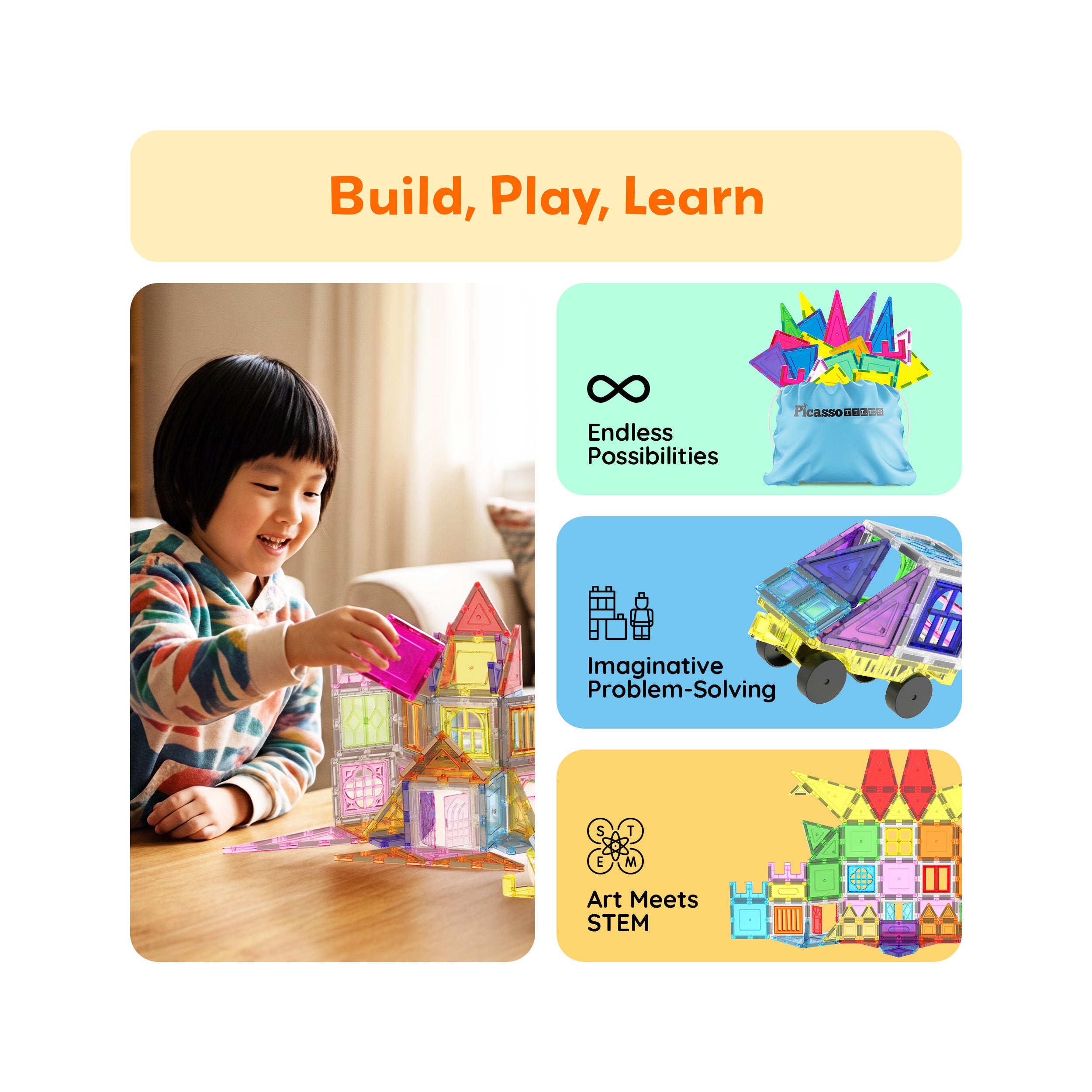 Child building a magnetic tile house beside panels highlighting creative play, problem-solving, and STEM learning.