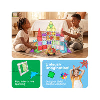 Two kids building a colorful magnetic castle above panels reading "Unleash Imagination" and highlighting fun learning.