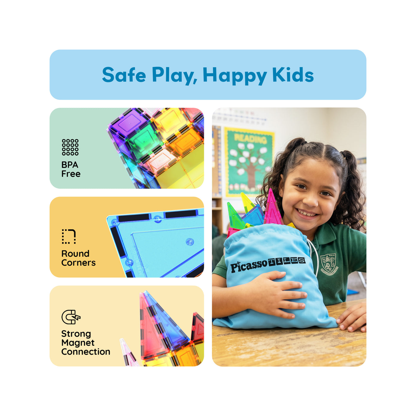 Smiling girl holding a PicassoTiles toy bag beside panels highlighting BPA-free safety and strong magnetic connection.