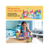 Girl building a magnetic tile castle in her bedroom below a "Magnetize Their World!" promotional banner.