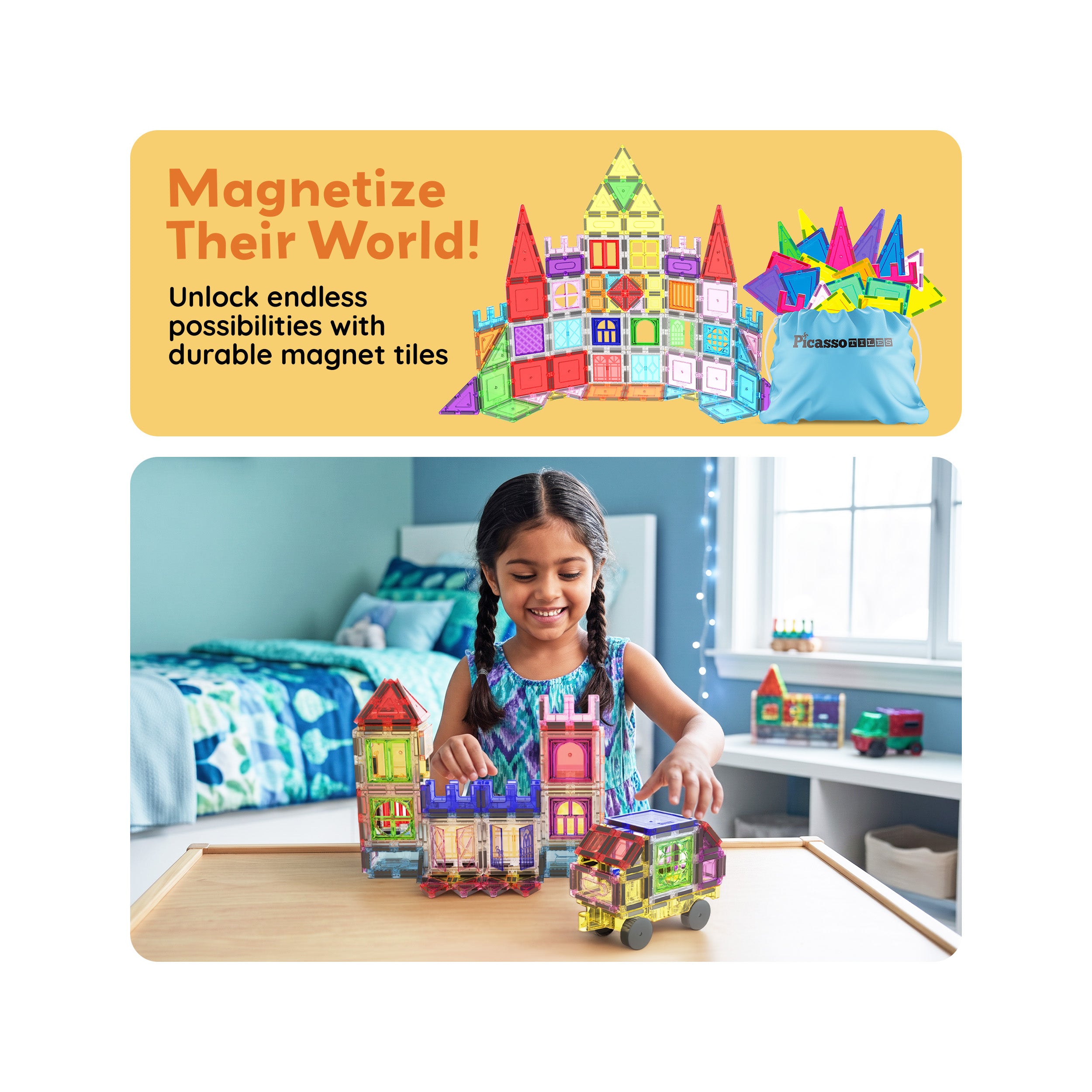 Girl building a magnetic tile castle in her bedroom below a "Magnetize Their World!" promotional banner.